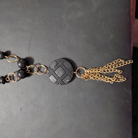 Gold Tone Black Beads Stars Dangle Statement Necklace - Picture 2 of 3